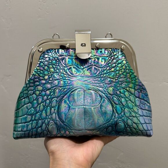 Iridescent Croc-Embossed Cowhide Handmade Unique Rivet Frame Multi Use Style Bag - Picture 6 of 16